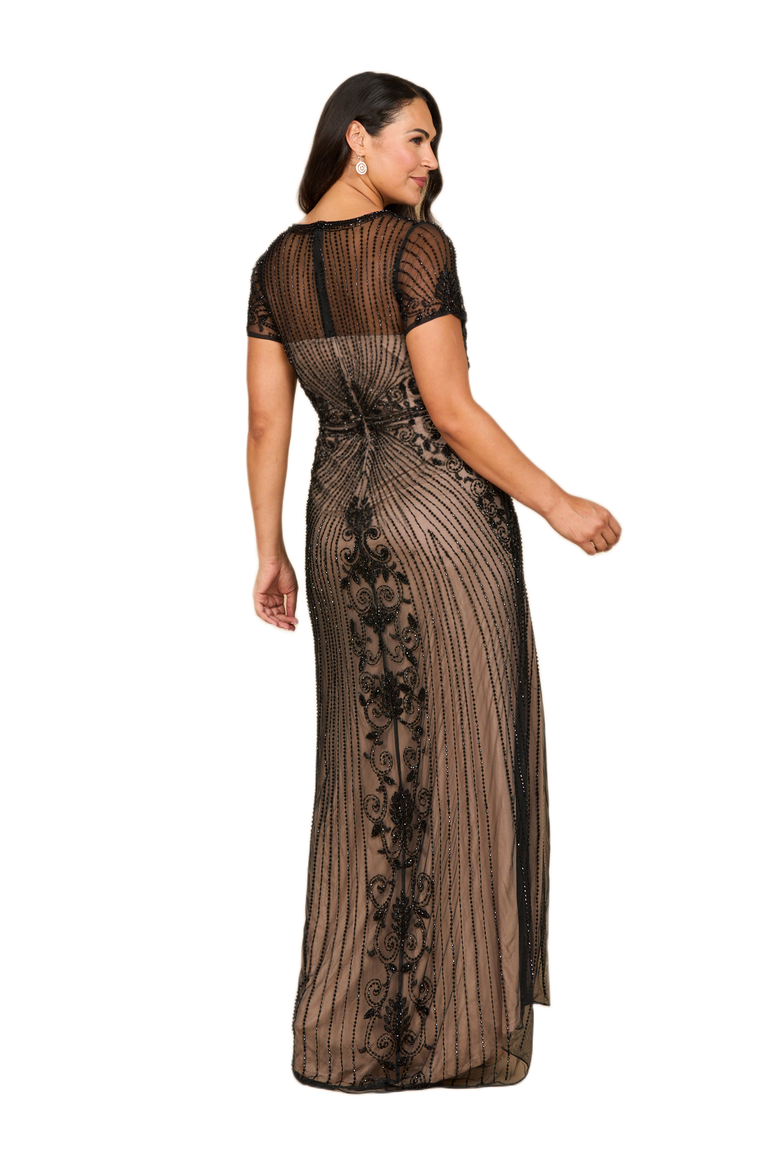 Beaded Cap Sleeve Illusion Plunge Gown, Alternate, color, Black