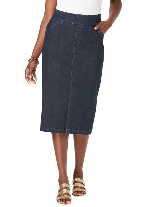 Comfort Waist Stretch Denim Midi Skirt (Plus)