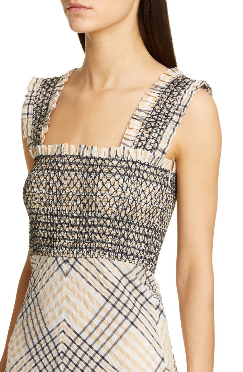 Ganni Check Seersucker A-Line Midi Sundress, Alternate, color, 