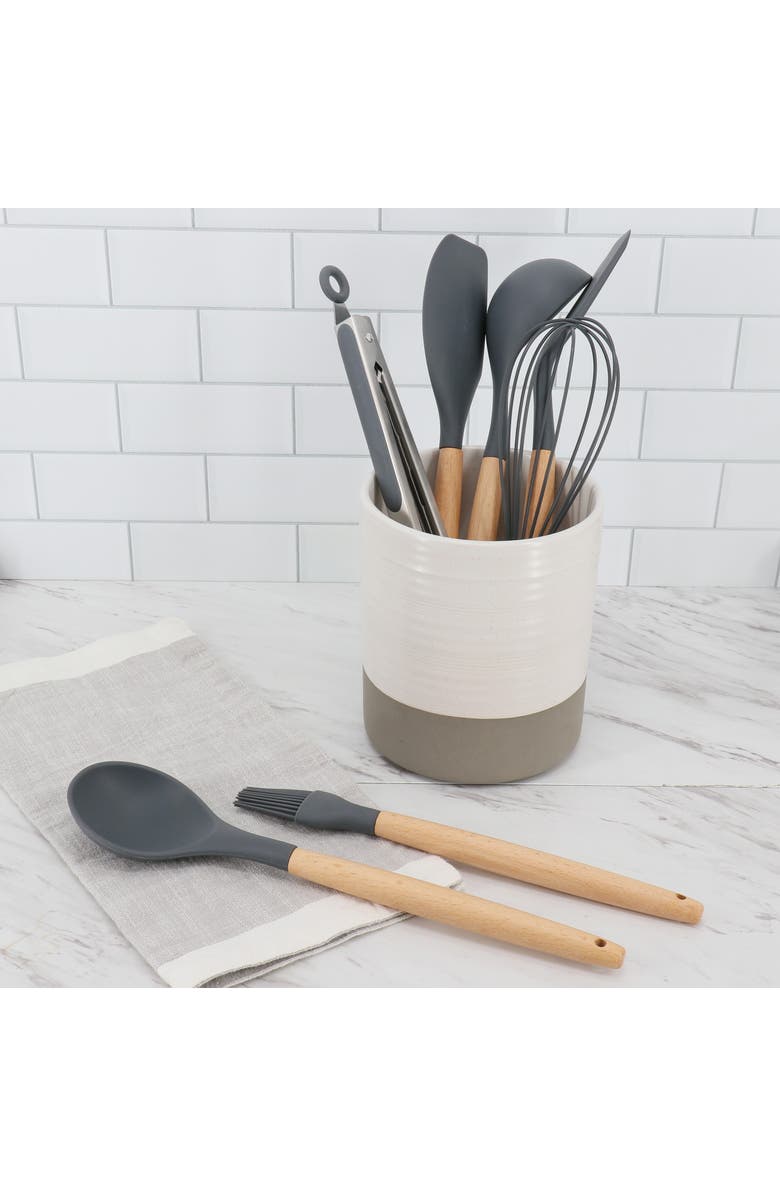 Gibson Home Holton 7 Piece Silicone Beech Wood Kitchen Tool Set, Alternate, color, Gray