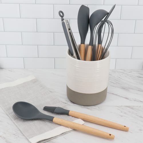 Gibson Home Holton 7 Piece Silicone Beech Wood Kitchen Tool Set In Gray