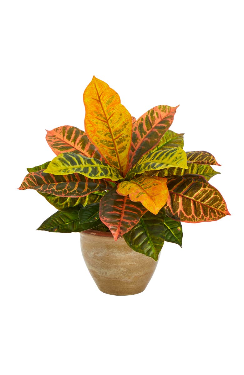 NEARLY NATURAL 15-in Garden Croton Artificial Plant in Ceramic Planter, Main, color, Orange