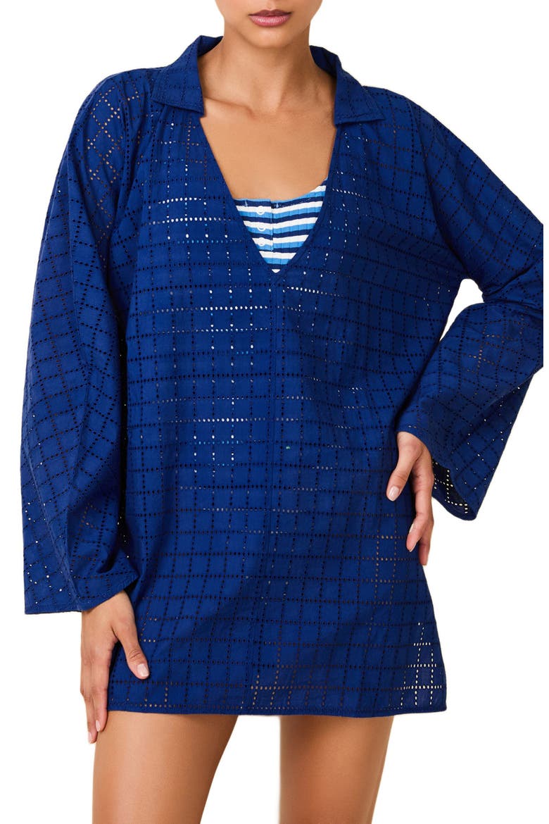 The Alba Embroidered Eyelet Long Sleeve Cotton Cover-Up Tunic, Main, color, MARITIME NAVY