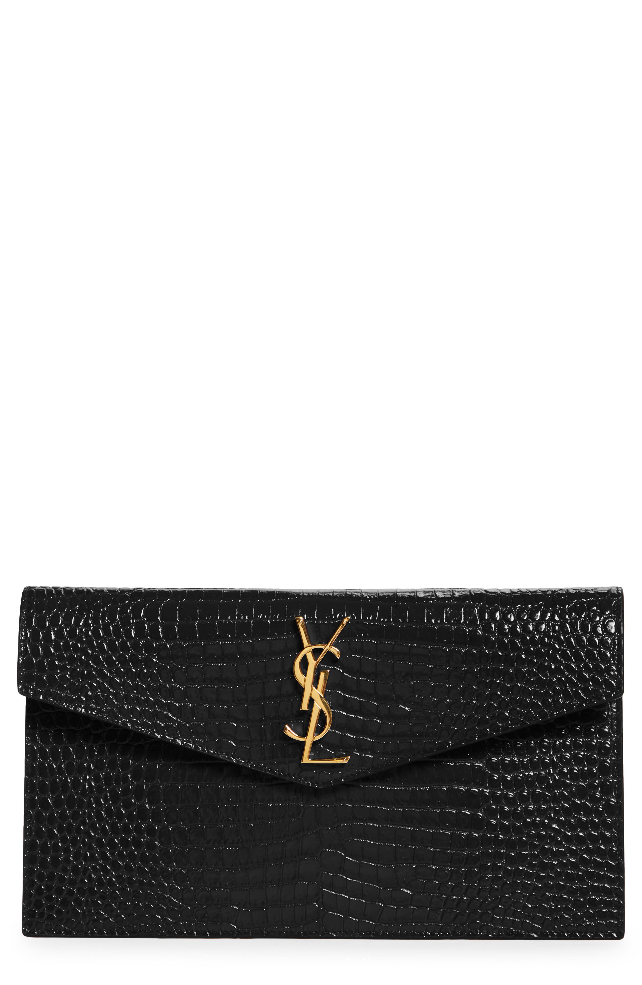Saint Laurent Uptown Croc Embossed Leather Pouch, Main, color, 
