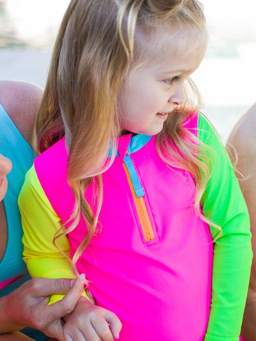 Rufflebutts Toddler Girls Upf50+ Long Sleeve Zipper Rash Guard 2-piece In Neon Color Block