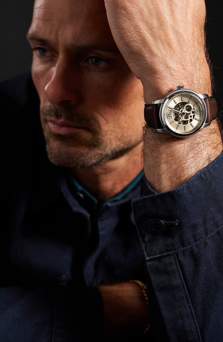 Fossil Heritage Automatic Leather Strap Watch, 43mm, Alternate, color, Brown