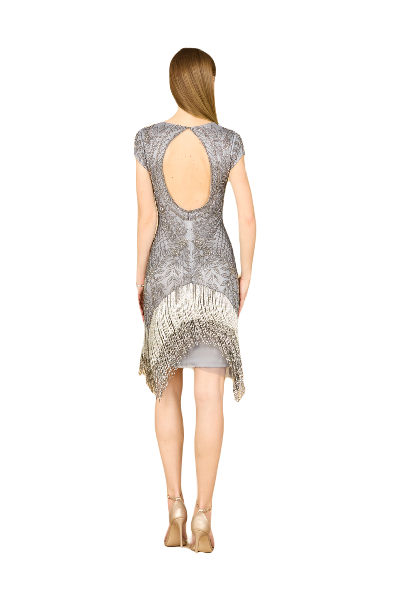 LARA New York Beaded Fringe Short Cocktail Dress, Alternate, color, Grey
