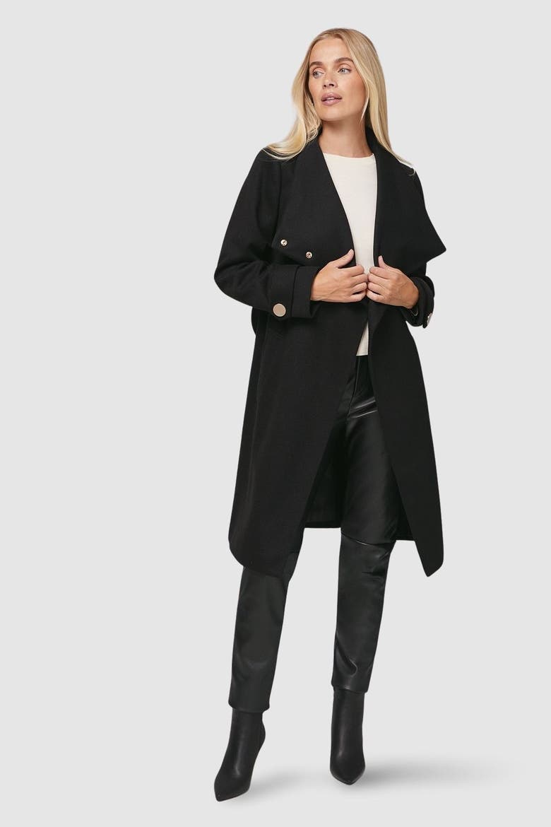 Petite Funnel Neck Tie Belt Coat, Main, color, Black