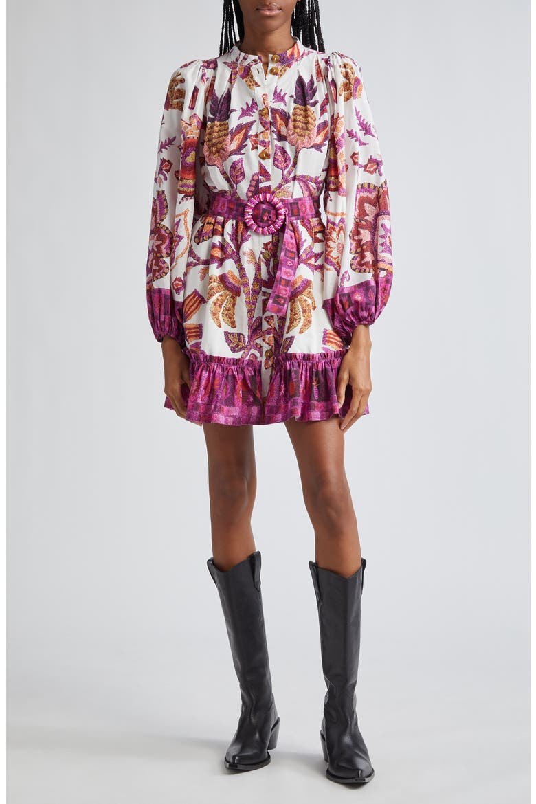 Sunset Tapestry Long Sleeve Belted Shirtdress, Main, color, SUNSET TAPESTRY OFF-WHITE
