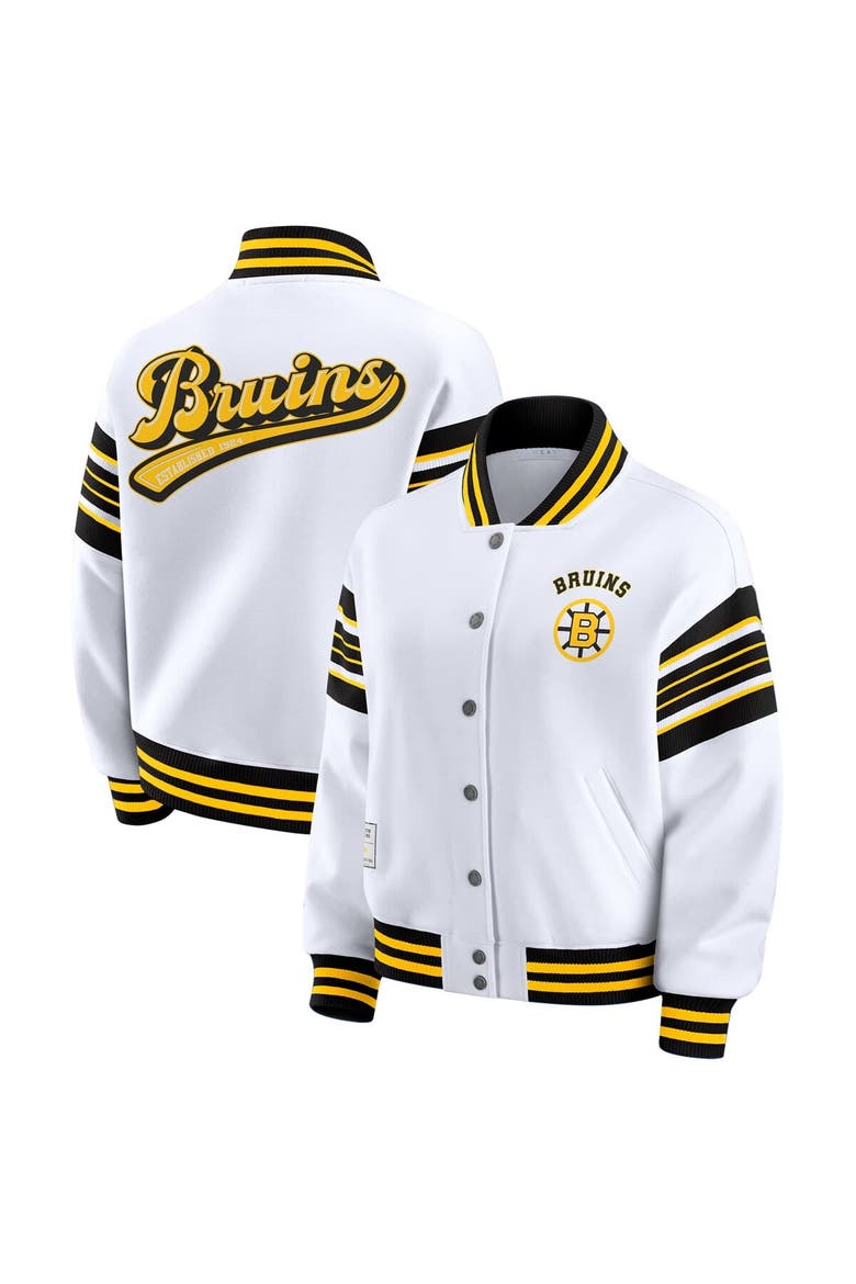 Women's WEAR by Erin Andrews White/Gold Boston Bruins Full-Snap Fleece Sweatshirt Jacket, Main, color, Gold