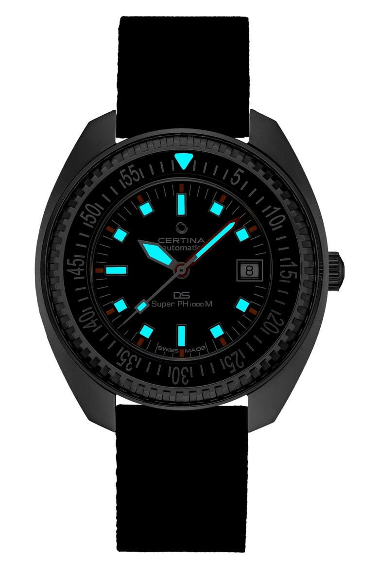 DS PH1000M Automatic Rubber Strap Watch, 43.5mm, Alternate, color, STAINLESS STEEL / BLACK