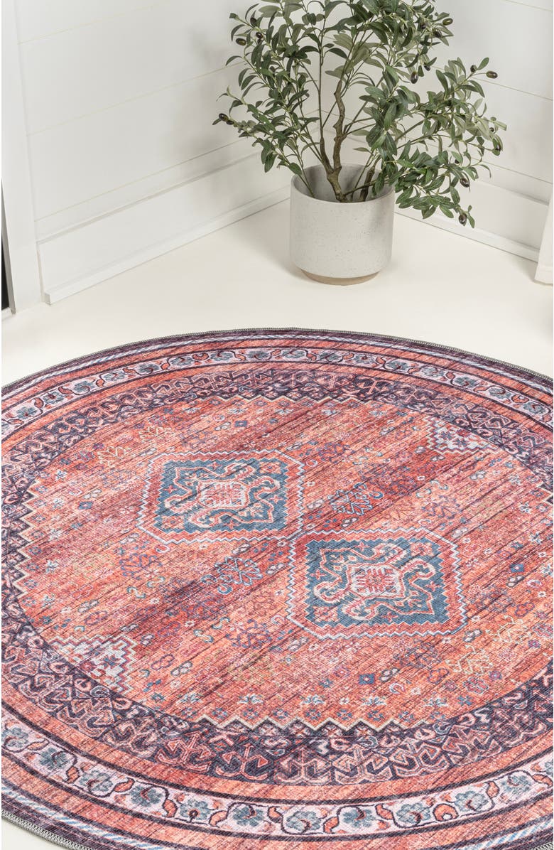 JONATHAN Y Dalyan Geometric Medallions Machine-Washable Round Area Rug, Alternate, color, Terra/Navy