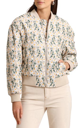 Avec Les Filles Embroidered Daisy Bomber Jacket In Cream Floral