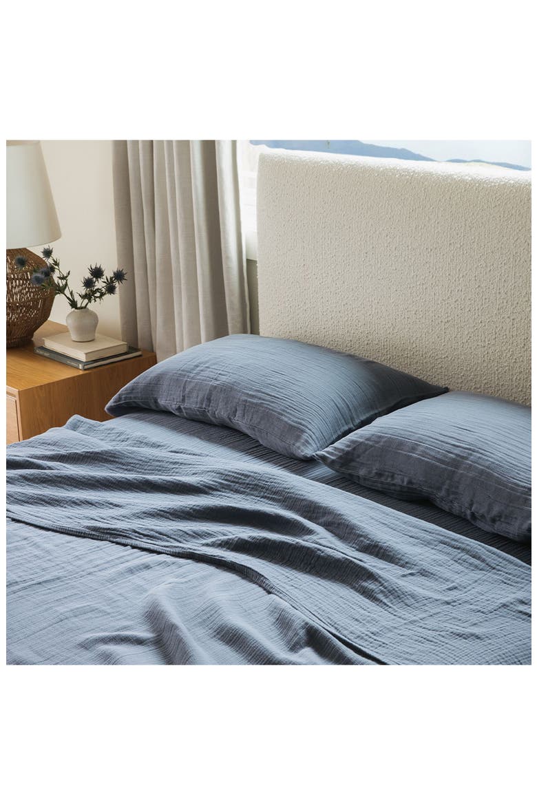 Oasis Crinkled Cotton Gauze Flat Sheet, Alternate, color, MIDNIGHT TIDE