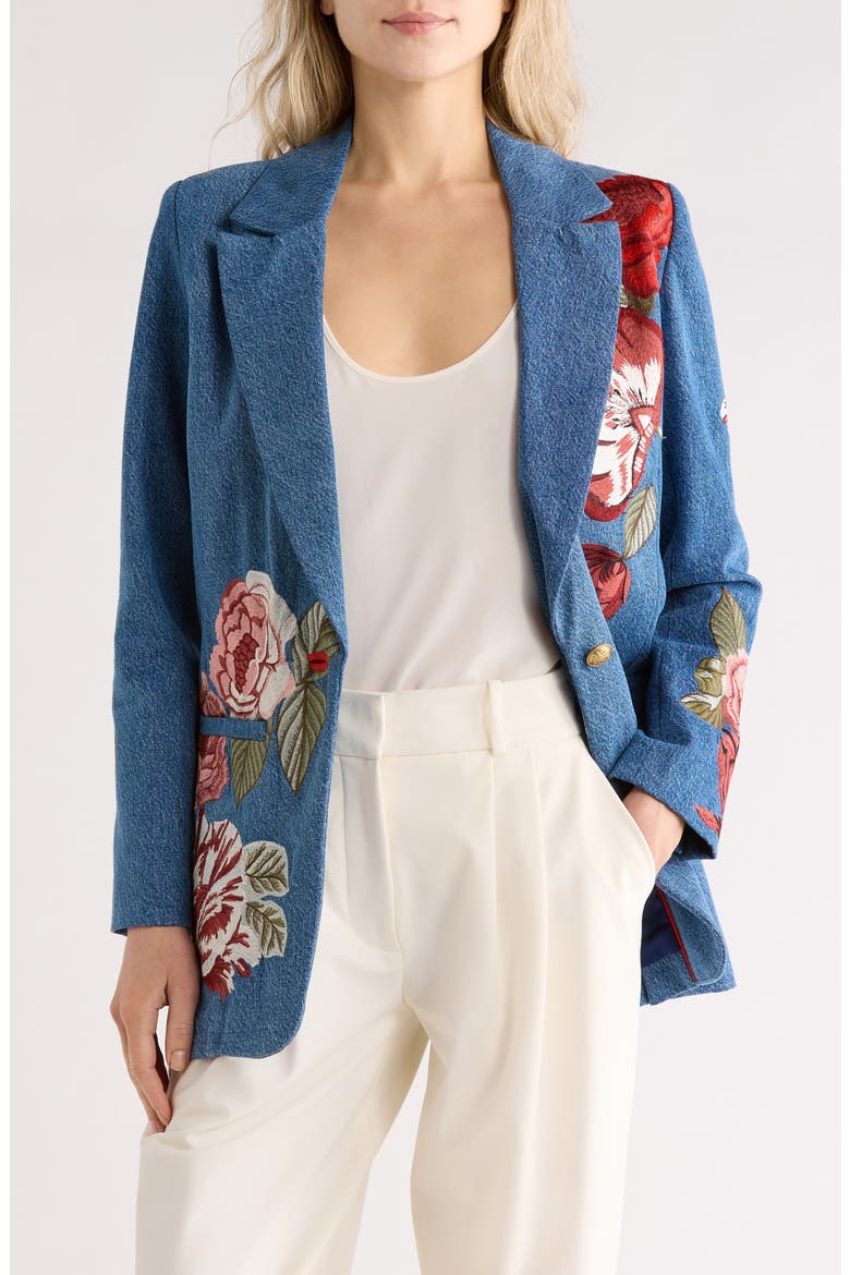 Billie Embroidered Boxy Denim Blazer, Main, color, BROOKLYN BLUE/ MULTI