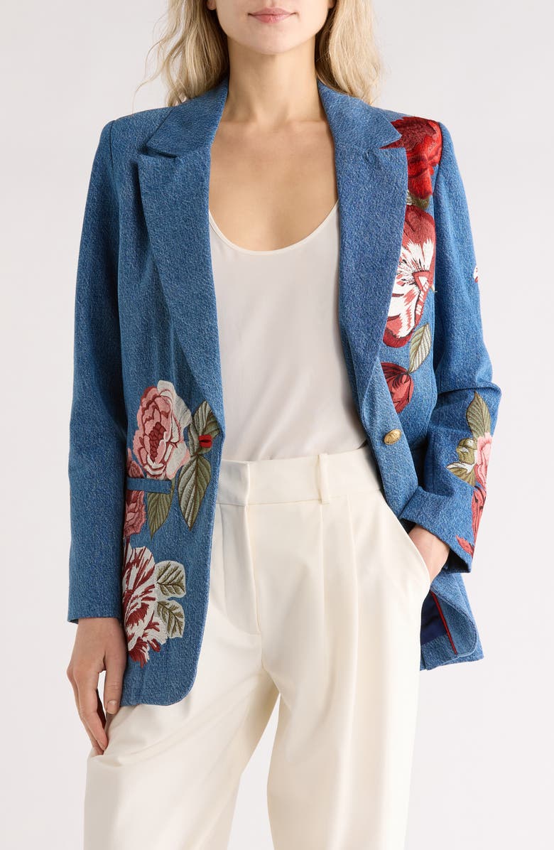 Alice + Olivia Billie Embroidered Boxy Denim Blazer, Main, color, Brooklyn Blue/ Multi