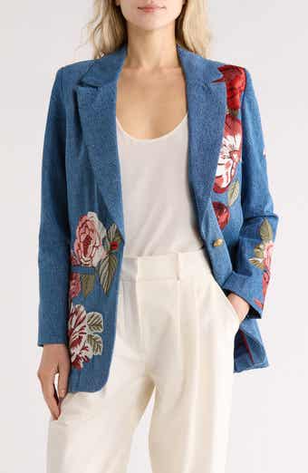 Alice + Olivia Billie Embroidered Boxy Denim Blazer
