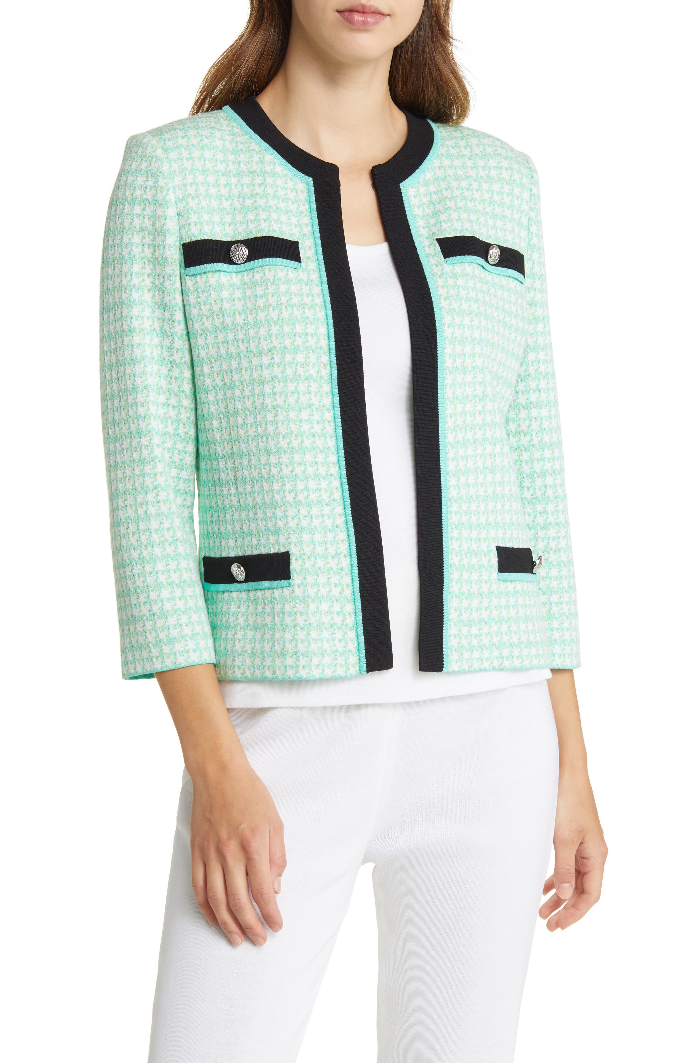 Ming Wang Houndstooth Contrast Trim Soft Tweed Jacket (Women