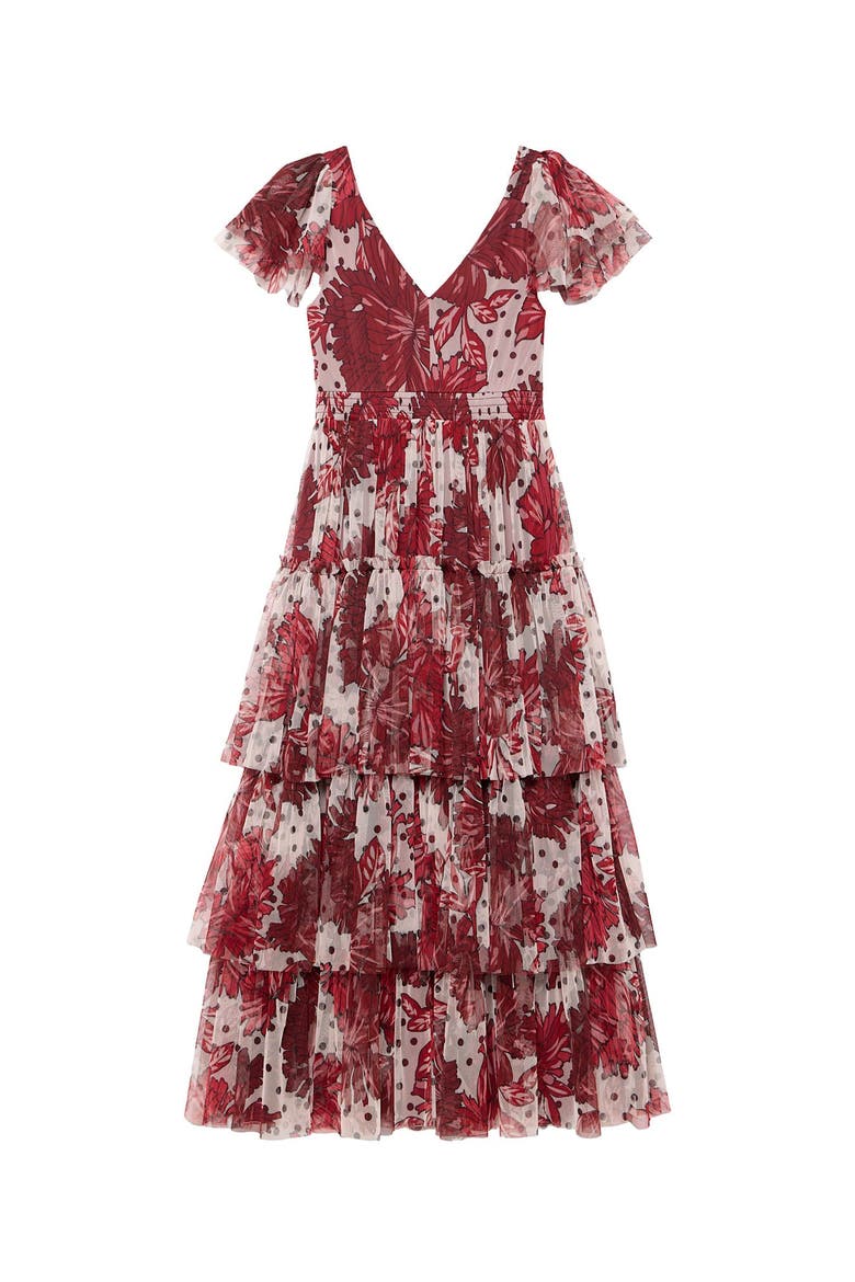Floral Print Tulle Midi Dress, Alternate, color, Red