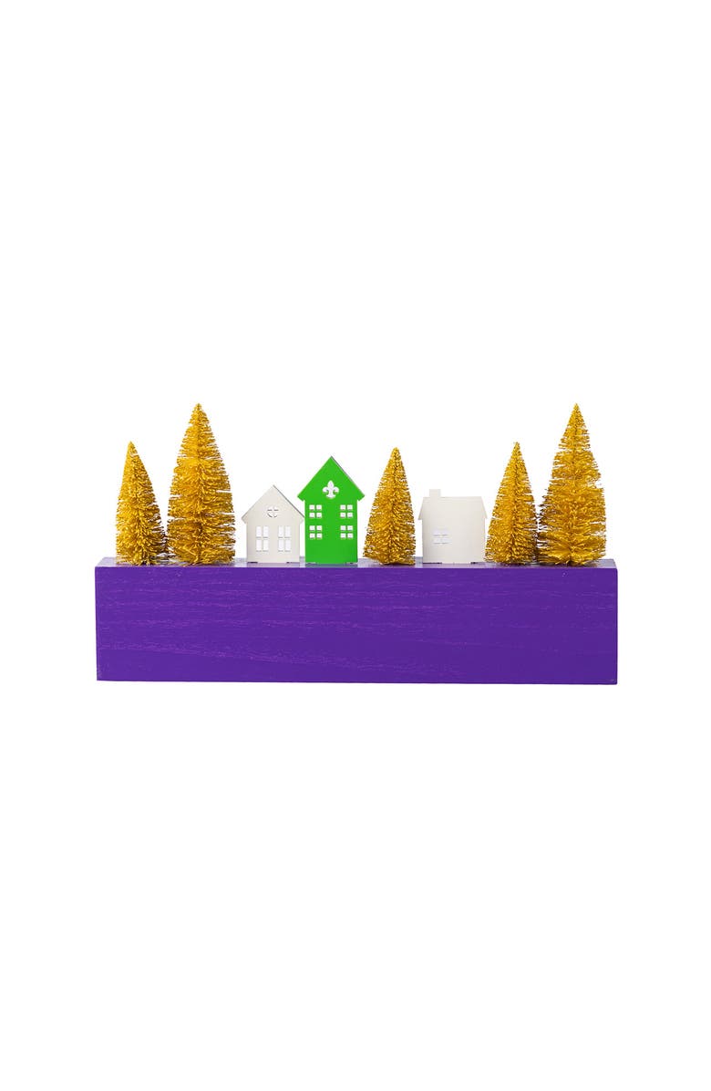 Glitzhome Mardi Gras Wooden House Brush Trees Table Decor, Alternate, color, Purple