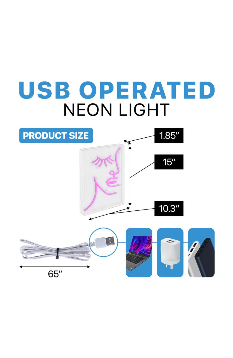JONATHAN Y Half-Face 10.3" X 15" Contemporary Glam Acrylic Box USB Operated LED Neon Light, Pink, Alternate, color, Pink