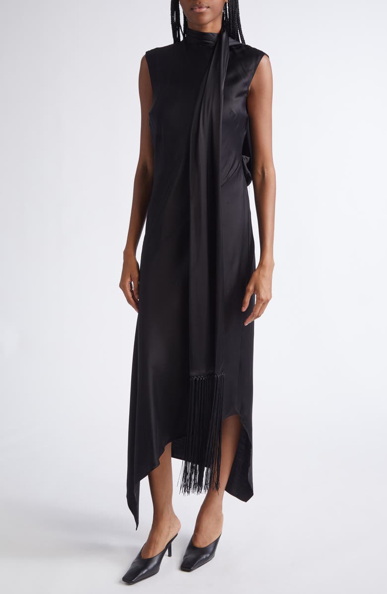 Acne Studios Dale Attached Scarf Asymmetric Satin Dress, Alternate, color, Black