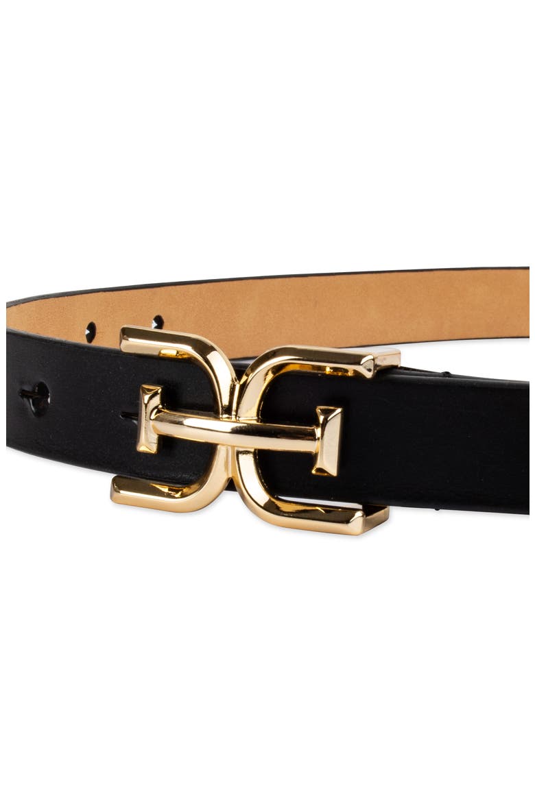 Double E Logo Slim Leather Belt, Alternate, color, BLACK