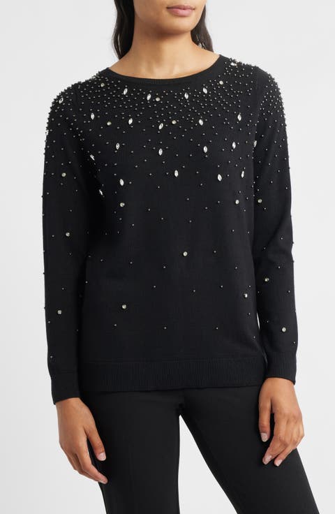 Rhinestone Embellished Boatneck Sweater