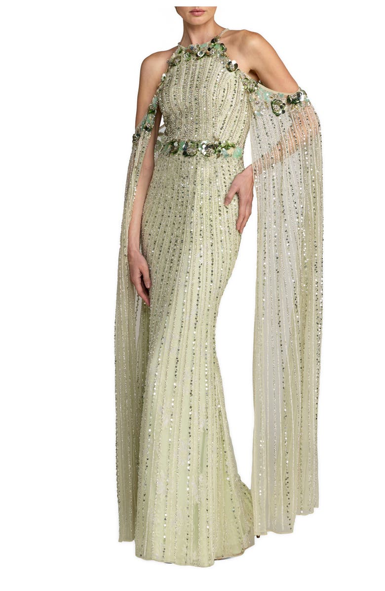 Mac Duggal Embellished Column Gown With Cape Sleeves, Main, color, Seafoam