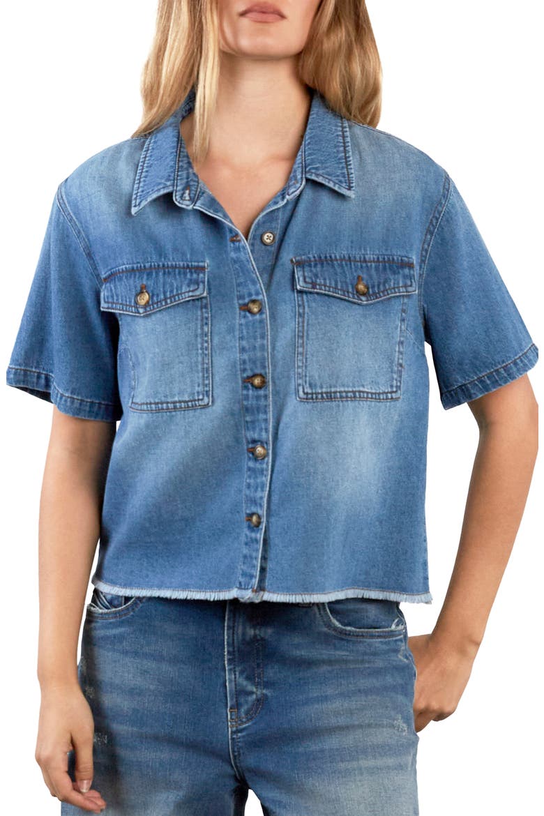 Emily Frayed Short Sleeve Denim Button-Up Shirt, Alternate, color, SHINE BLUE