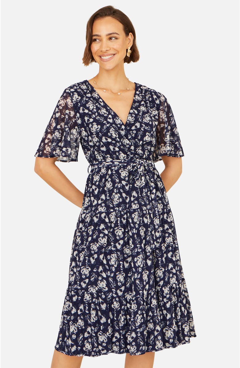 Yumi Floral Mesh Wrap Dress, Alternate, color, Navy