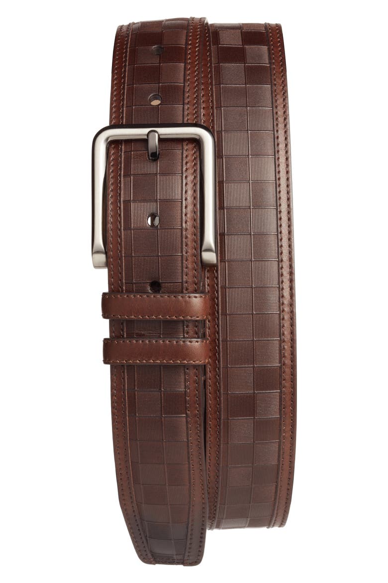 Check Leather Belt, Main, color, COGNAC