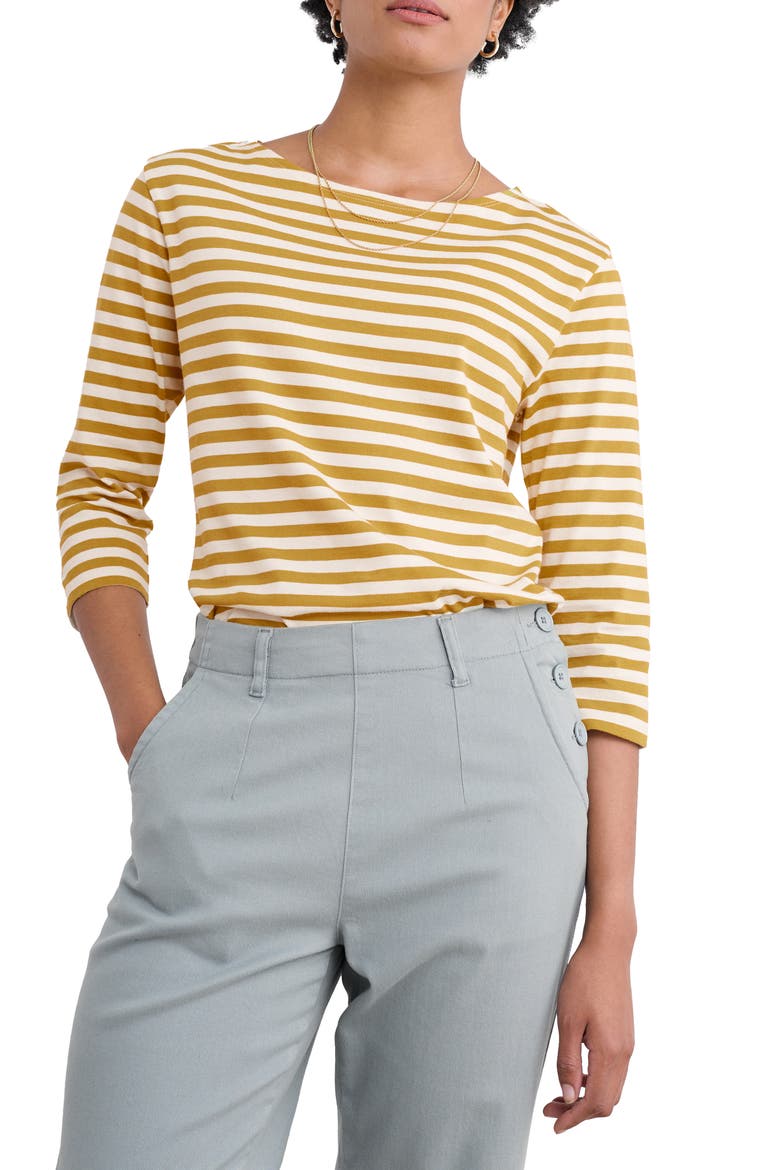 Sailor Stripe Three-Quarter Sleeve Organic Cotton Top, Main, color, MINI CORNISH CHAMOMILE CHALK