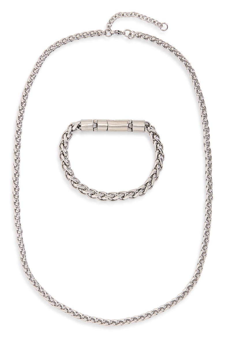 Men's Stainless Steel Wheat Chain Necklace & Bracelet Set, Alternate, color, STAINLESS- BLACK