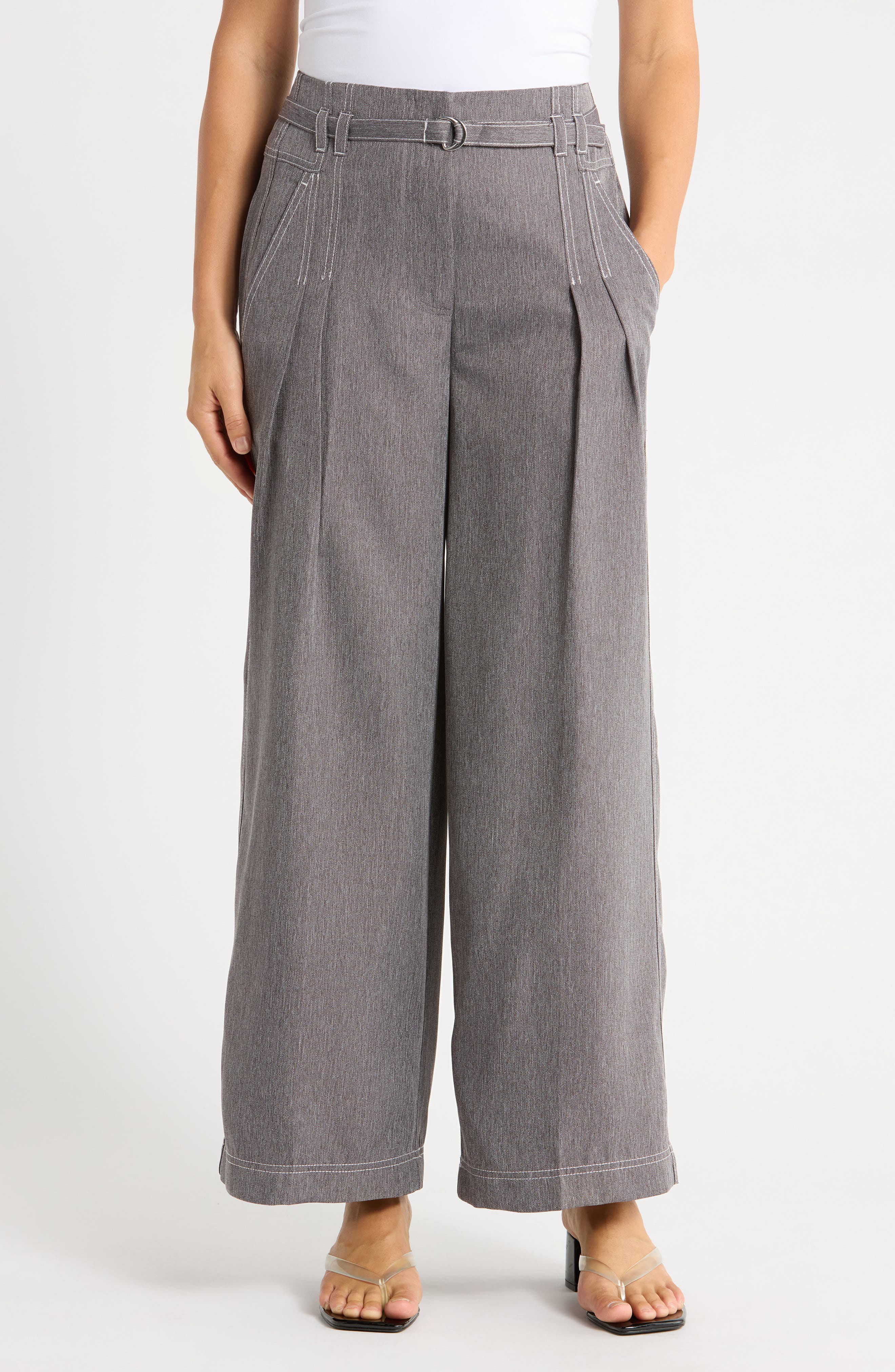 Belted Topstitch Wide Leg Pants