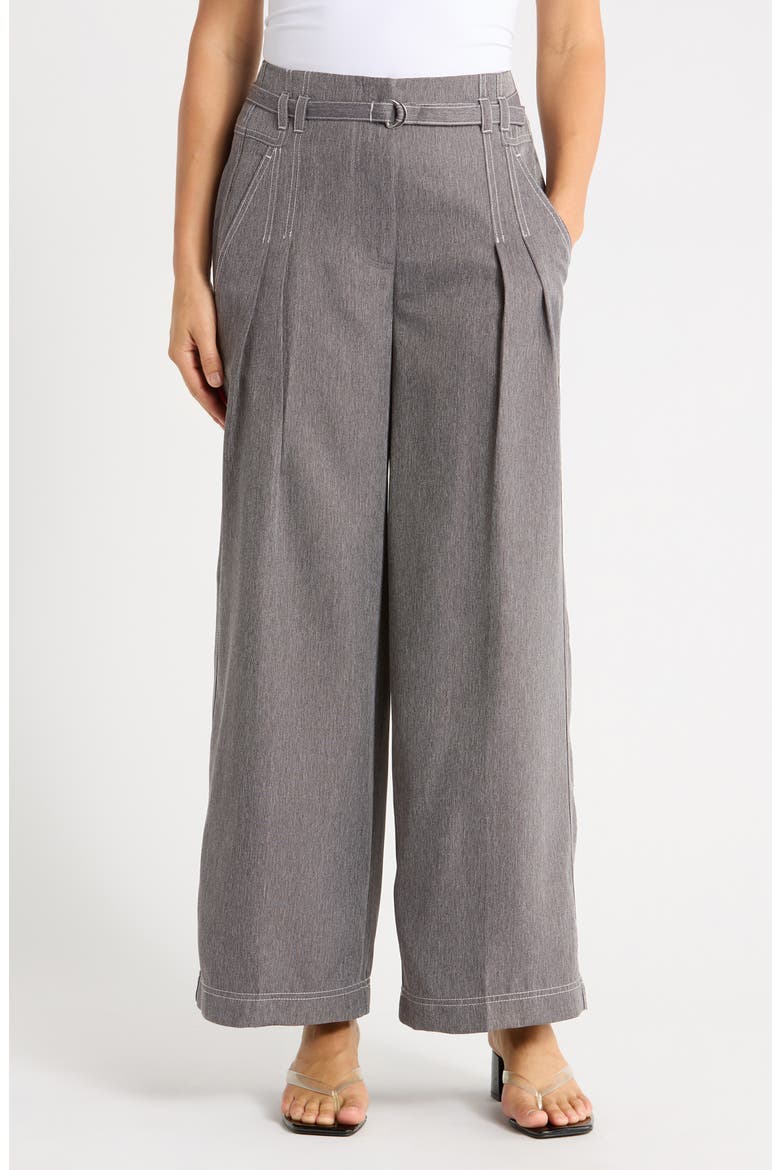 Belted Topstitch Wide Leg Pants, Main, color, SLATE GREY/ IVORY