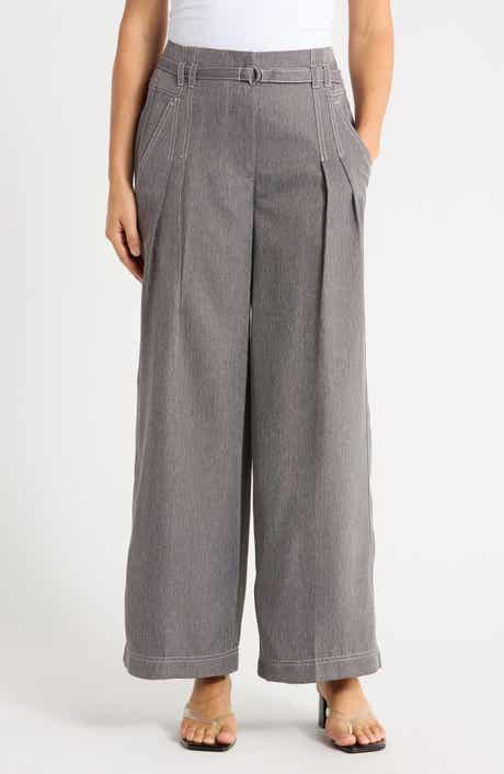 Belted Topstitch Wide Leg Pants