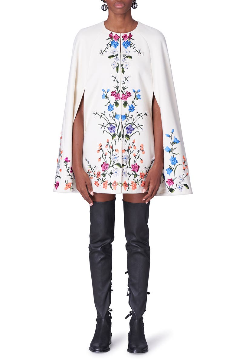 Carolina Herrera Floral Embroidered Virgin Wool Blend Cape, Main, color,