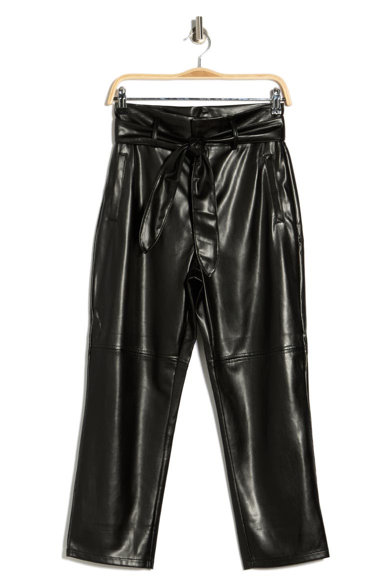 Kimiko Tie Waist Faux Leather Pants, Alternate, color, BLACK