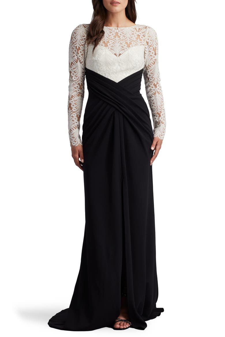 Corded Lace & Crepe Long Sleeve Gown, Main, color, IVORY/ BLACK