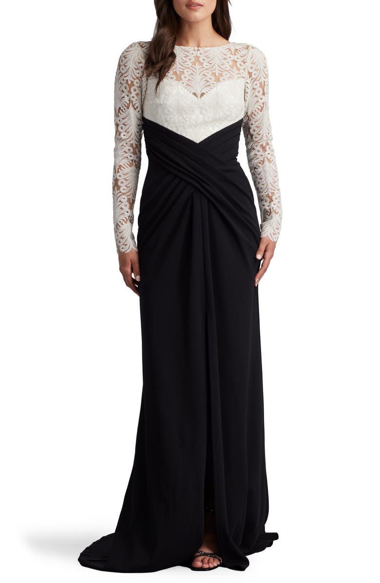 Tadashi Shoji Corded Lace & Crepe Long Sleeve Gown, Main, color, Ivory/ Black