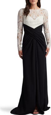 Tadashi Shoji Corded Lace & Crepe Long Sleeve Gown