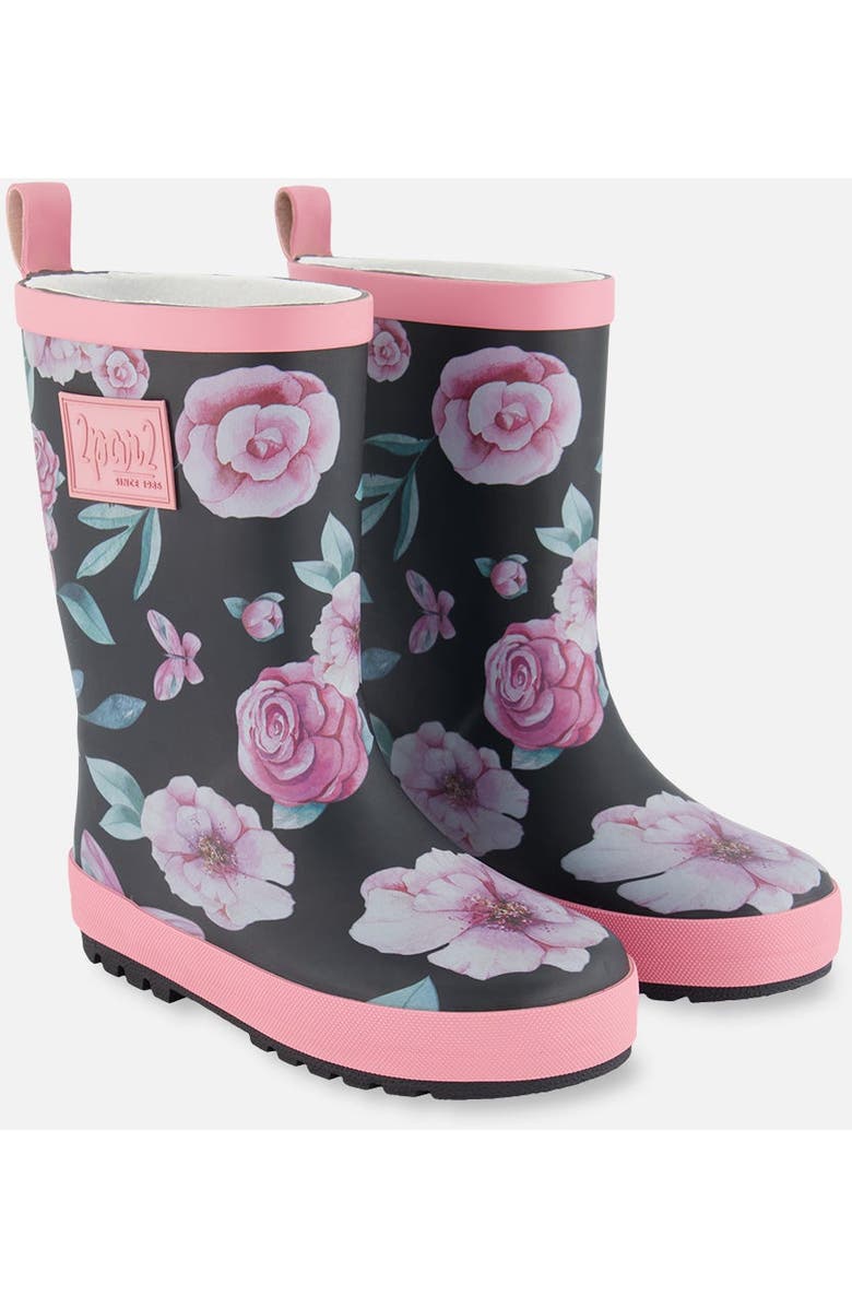 Deux par Deux Girl's Printed Rain Boots Pink, Black, And Flowers, Main, color, Pink, Black, And Flowers