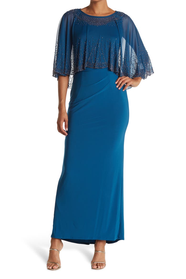 Beaded Capelet Gown, Main, color, PEACOK