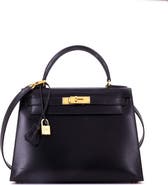 Pre-Owned Hermes Kelly Handbag Black Box Calf with Gold Hardware 28