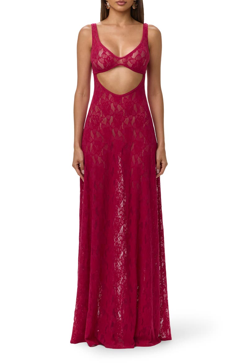 Lace Cutout Maxi Dress, Main, color, DARK RASPBERRY