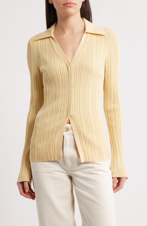 Collared V-Neck Rib Cardigan