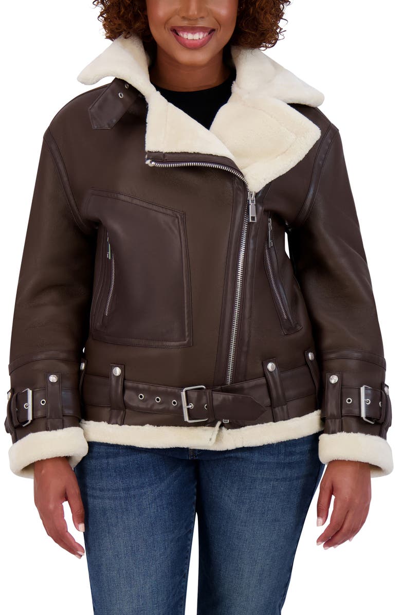 Rebecca Minkoff Water Repellent Faux Leather Moto Jacket with Faux Shearling Lining, Main, color, 
