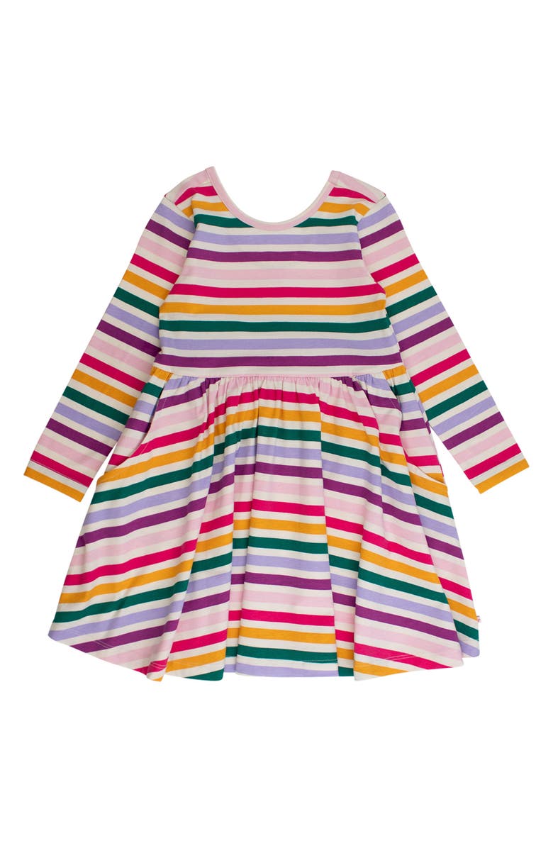RuffleButts Colorful Rainbow Stripe Long Sleeve Skater Dress, Alternate, color, White