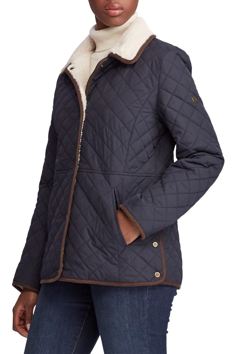 Faux Shearling Collar Quilted Jacket, Main, color, DK NAVY